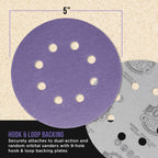 Premium 180 Grit 5" Purple Film Ceramic Sanding Discs, 8-Hole Pattern, Box of 50 - Dustless Hook & Loop Backing Sandpaper for DA & Random Orbital Sanders