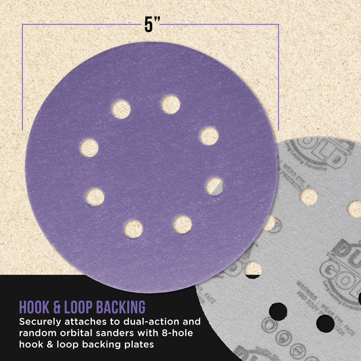 Premium 180 Grit 5" Purple Film Ceramic Sanding Discs, 8-Hole Pattern, Box of 50 - Dustless Hook & Loop Backing Sandpaper for DA & Random Orbital Sanders