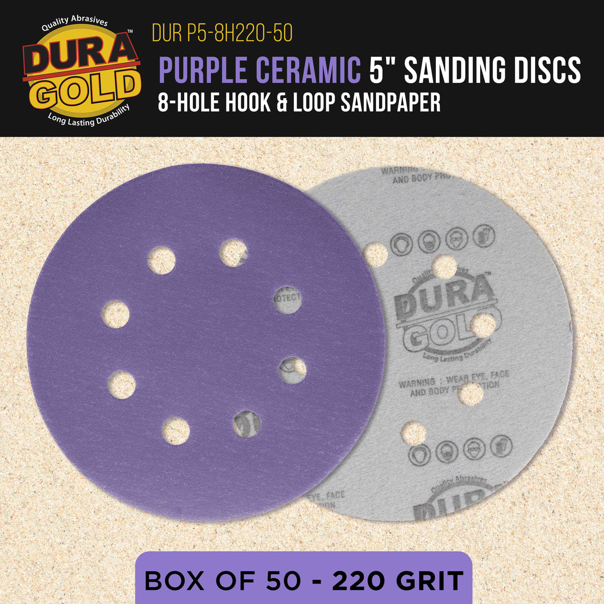 Premium 220 Grit 5" Purple Film Ceramic Sanding Discs, 8-Hole Pattern, Box of 50 - Dustless Hook & Loop Backing Sandpaper for DA & Random Orbital Sanders