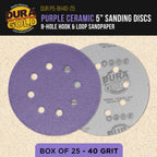 Premium 40 Grit 5" Purple Film Ceramic Sanding Discs, 8-Hole Pattern, Box of 25 - Dustless Hook & Loop Backing Sandpaper for DA & Random Orbital Sanders