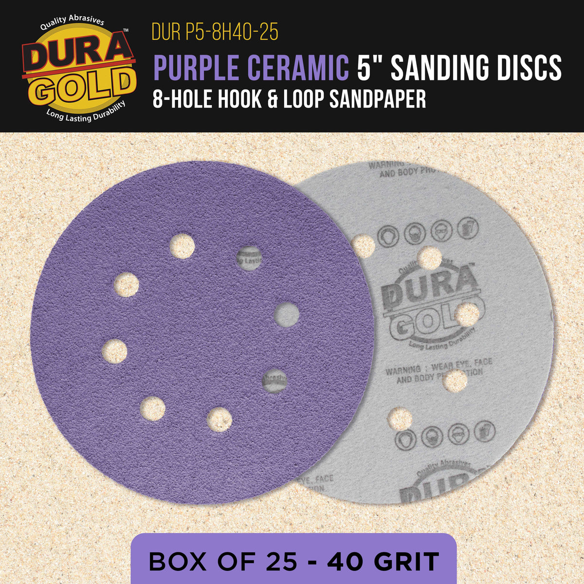Premium 40 Grit 5" Purple Film Ceramic Sanding Discs, 8-Hole Pattern, Box of 25 - Dustless Hook & Loop Backing Sandpaper for DA & Random Orbital Sanders