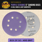 Premium 400 Grit 5" Purple Film Ceramic Sanding Discs, 8-Hole Pattern, Box of 50 - Dustless Hook & Loop Backing Sandpaper for DA & Random Orbital Sanders