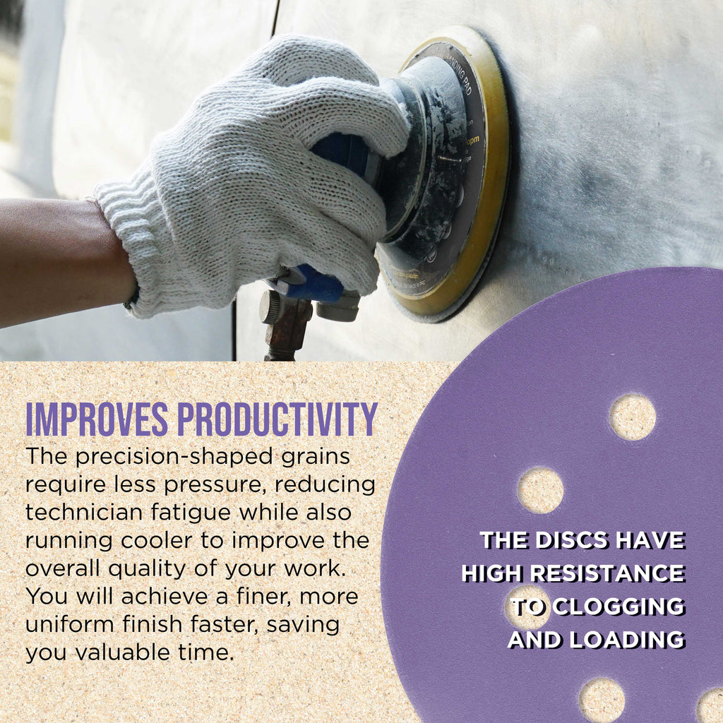 Premium 400 Grit 5" Purple Film Ceramic Sanding Discs, 8-Hole Pattern, Box of 50 - Dustless Hook & Loop Backing Sandpaper for DA & Random Orbital Sanders