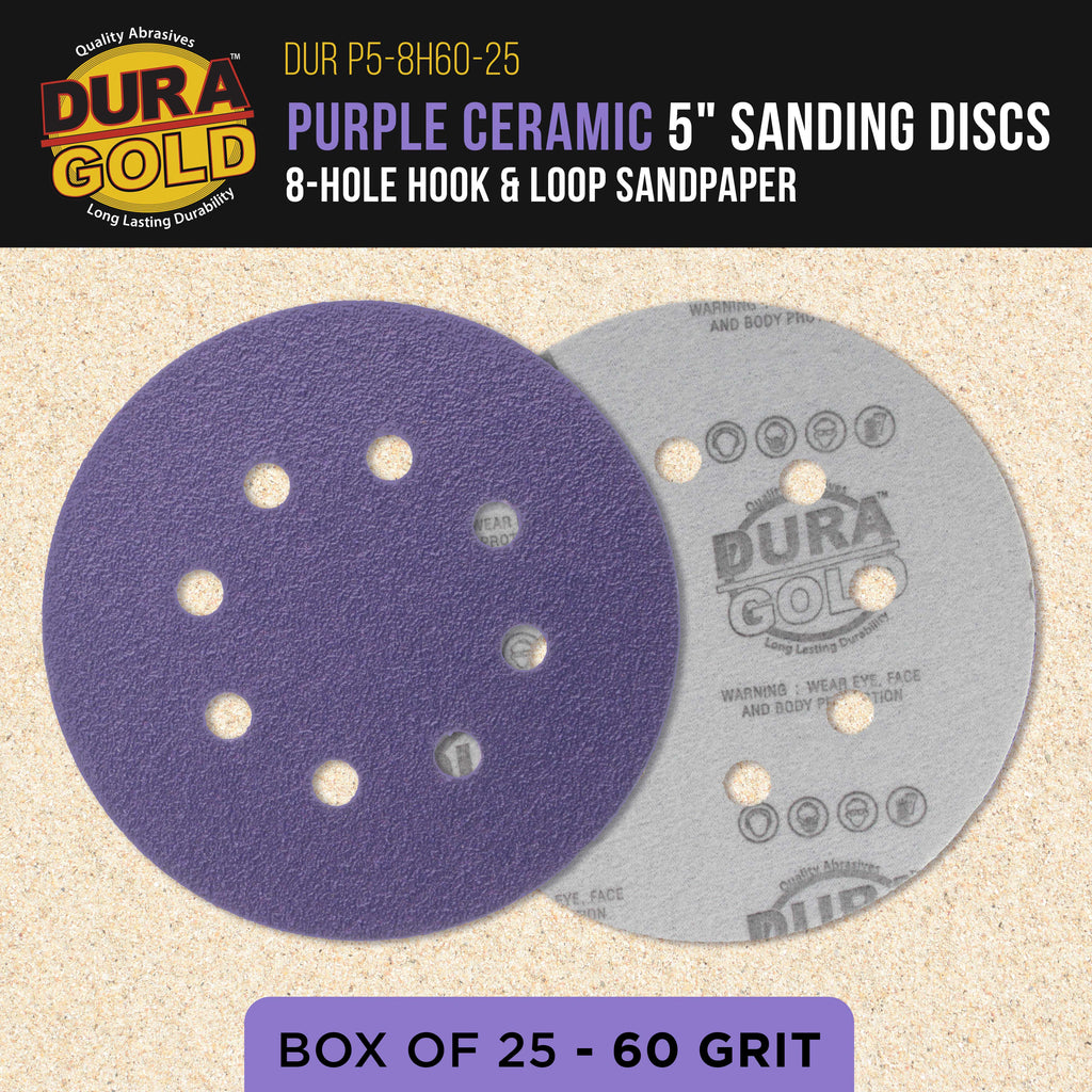 Premium 60 Grit 5" Purple Film Ceramic Sanding Discs, 8-Hole Pattern, Box of 25 - Dustless Hook & Loop Backing Sandpaper for DA & Random Orbital Sanders