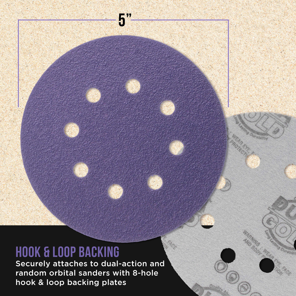 Premium 60 Grit 5" Purple Film Ceramic Sanding Discs, 8-Hole Pattern, Box of 25 - Dustless Hook & Loop Backing Sandpaper for DA & Random Orbital Sanders