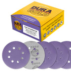 Premium 600 Grit 5" Purple Film Ceramic Sanding Discs, 8-Hole Pattern, Box of 50 - Dustless Hook & Loop Backing Sandpaper for DA & Random Orbital Sanders