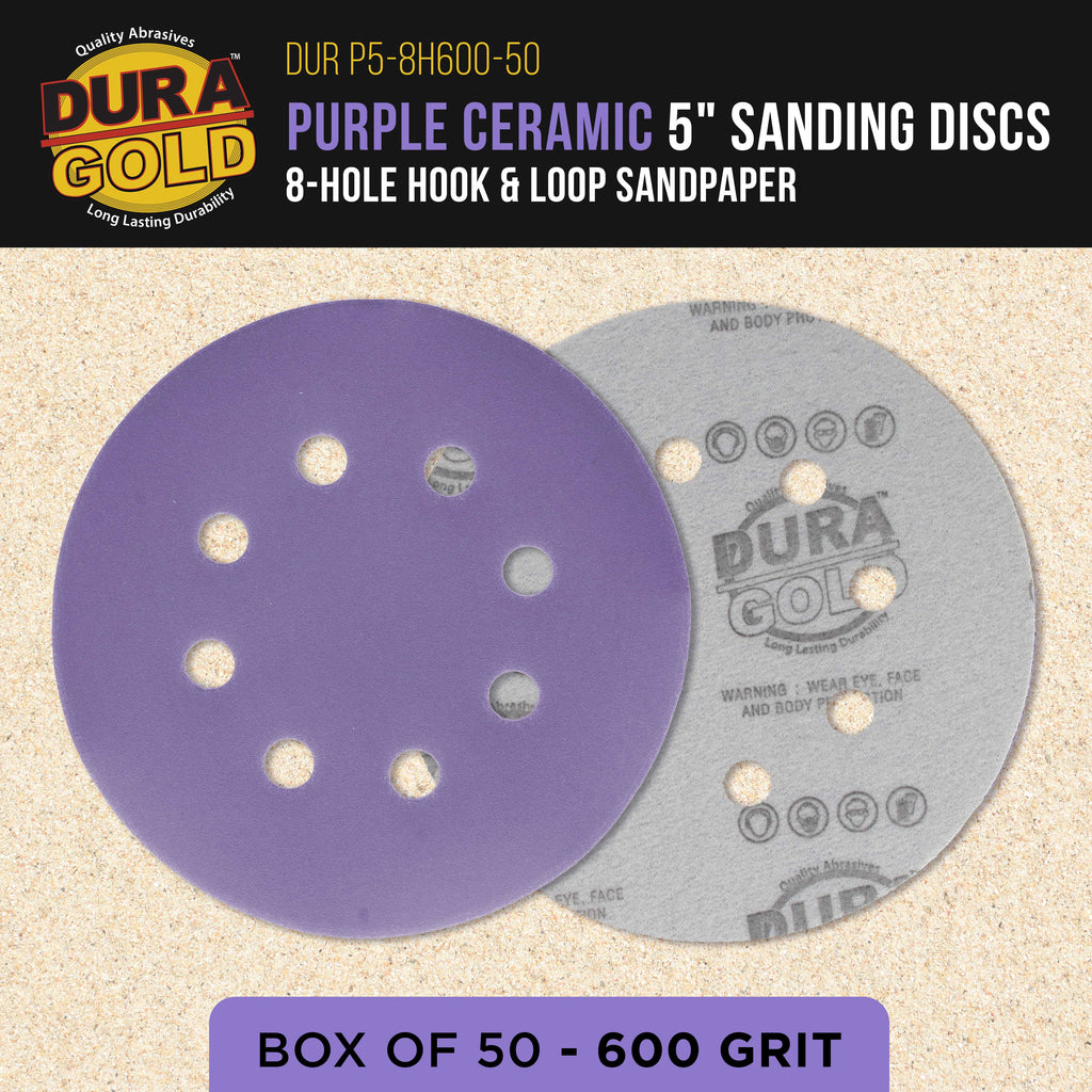 Premium 600 Grit 5" Purple Film Ceramic Sanding Discs, 8-Hole Pattern, Box of 50 - Dustless Hook & Loop Backing Sandpaper for DA & Random Orbital Sanders