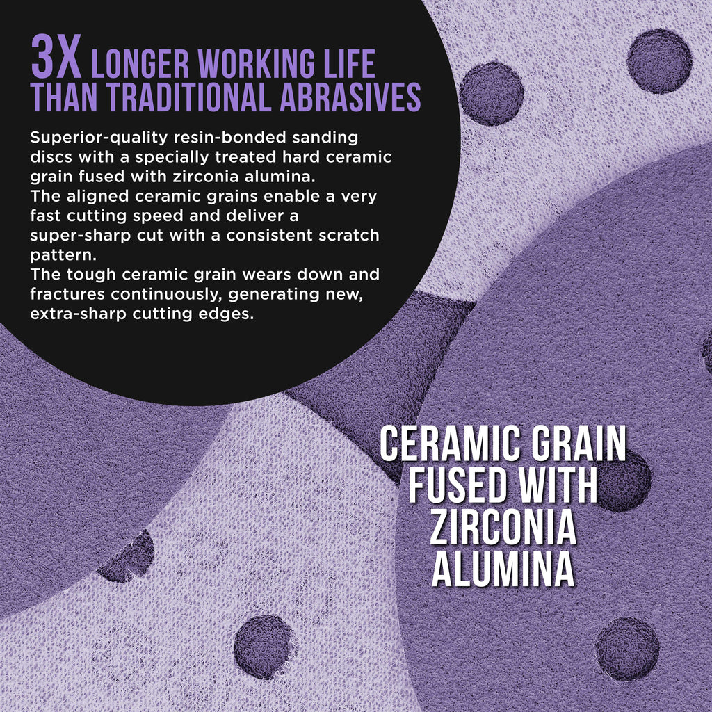 Premium 80 Grit 5" Purple Film Ceramic Sanding Discs, 8-Hole Pattern, Box of 50 - Dustless Hook & Loop Backing Sandpaper for DA & Random Orbital Sanders