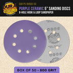 Premium 800 Grit 5" Purple Film Ceramic Sanding Discs, 8-Hole Pattern, Box of 50 - Dustless Hook & Loop Backing Sandpaper for DA & Random Orbital Sanders