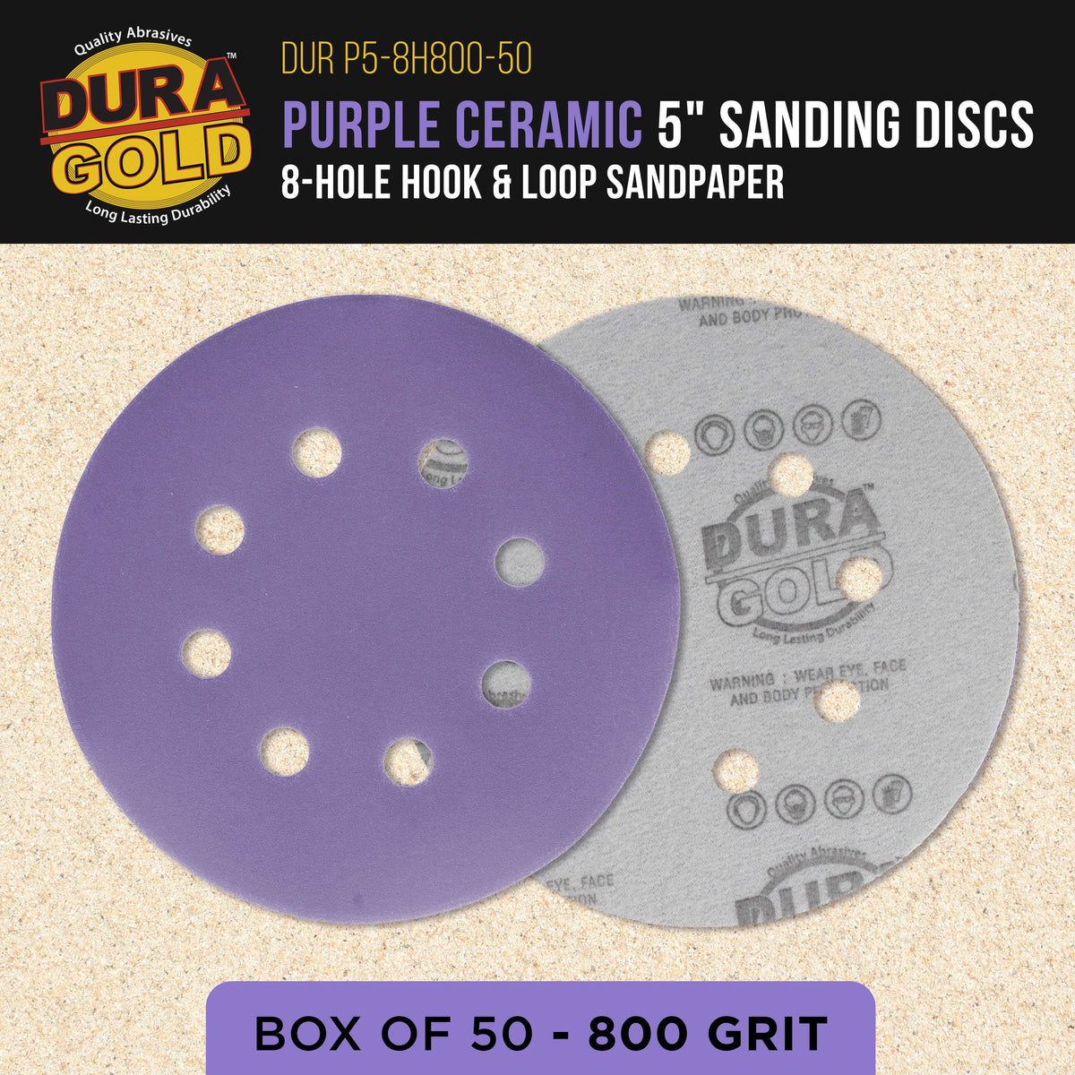 Premium 800 Grit 5" Purple Film Ceramic Sanding Discs, 8-Hole Pattern, Box of 50 - Dustless Hook & Loop Backing Sandpaper for DA & Random Orbital Sanders