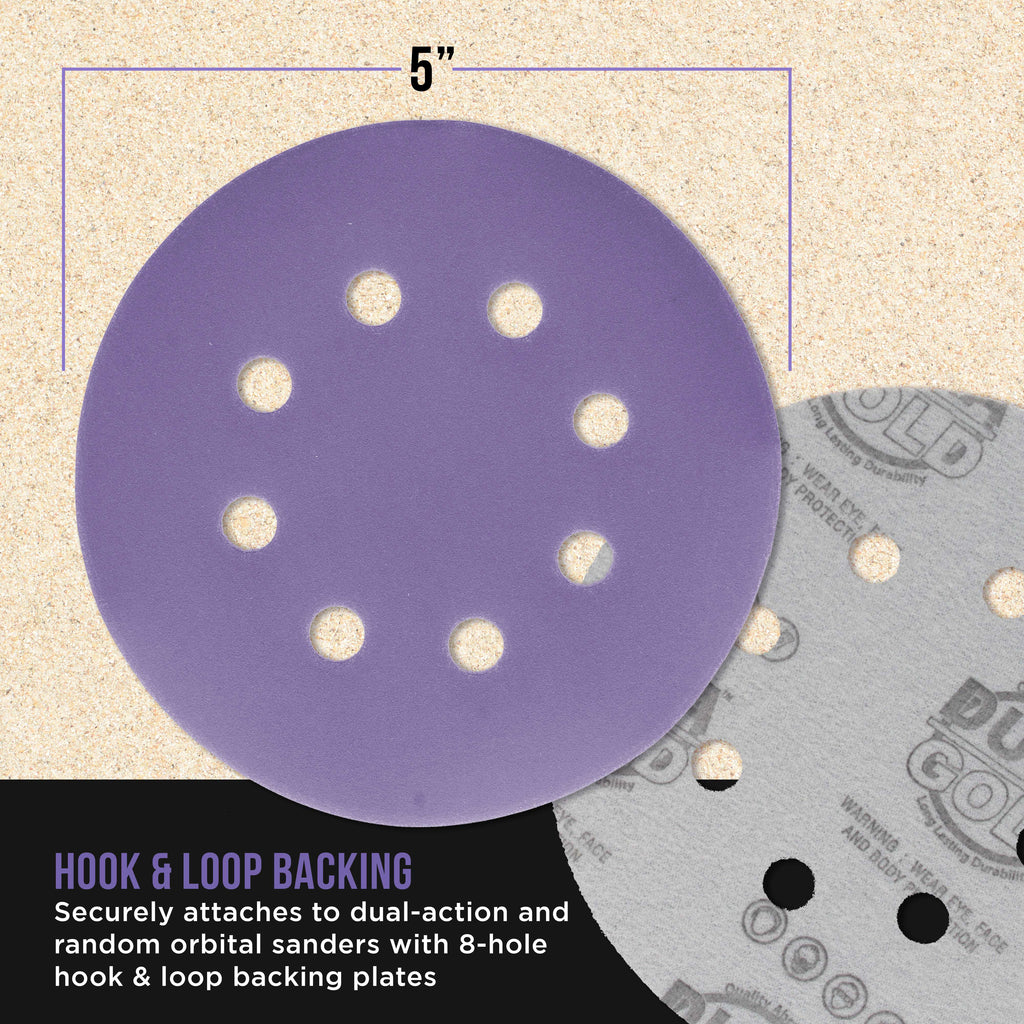 Premium 800 Grit 5" Purple Film Ceramic Sanding Discs, 8-Hole Pattern, Box of 50 - Dustless Hook & Loop Backing Sandpaper for DA & Random Orbital Sanders