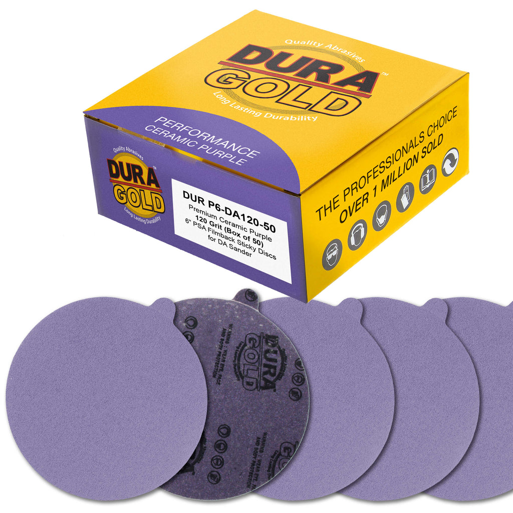 Premium 120 Grit 6" PSA Purple Film Ceramic Sanding Discs, Box of 50 - Self Adhesive Stickyback Sandpaper for DA & Random Orbital Sanders