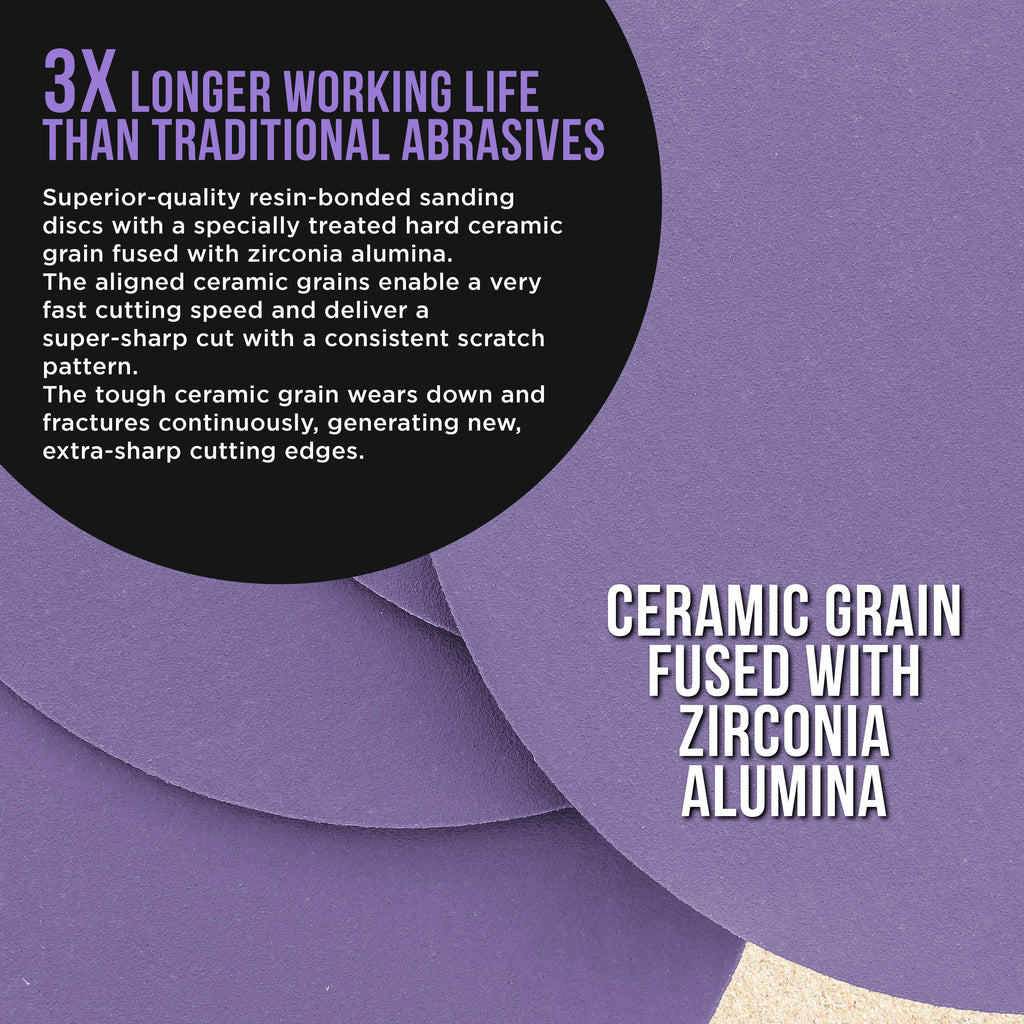 Premium 220 Grit 6" PSA Purple Film Ceramic Sanding Discs, Box of 50 - Self Adhesive Stickyback Sandpaper for DA & Random Orbital Sanders