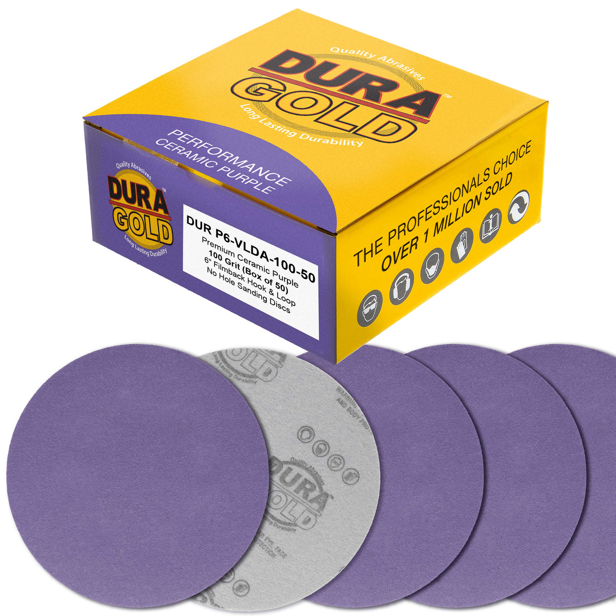 Premium 100 Grit 6" Purple Film Ceramic Sanding Discs, Box of 50 - Hook & Loop Backing Sandpaper for DA & Random Orbital Sanders