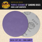 Premium 100 Grit 6" Purple Film Ceramic Sanding Discs, Box of 50 - Hook & Loop Backing Sandpaper for DA & Random Orbital Sanders