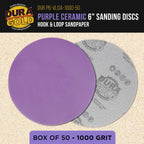 Premium 1000 Grit 6" Purple Film Ceramic Sanding Discs, Box of 50 - Hook & Loop Backing Sandpaper for DA & Random Orbital Sanders