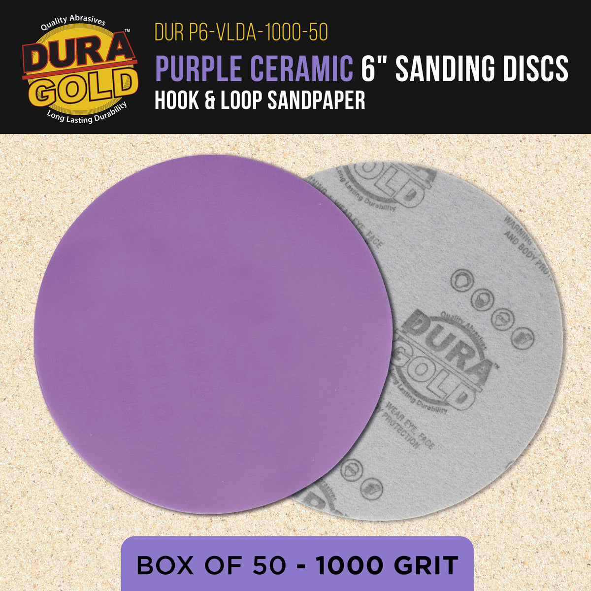 Premium 1000 Grit 6" Purple Film Ceramic Sanding Discs, Box of 50 - Hook & Loop Backing Sandpaper for DA & Random Orbital Sanders