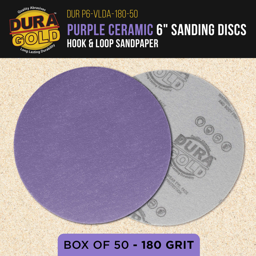 Premium 180 Grit 6" Purple Film Ceramic Sanding Discs, Box of 50 - Hook & Loop Backing Sandpaper for DA & Random Orbital Sanders