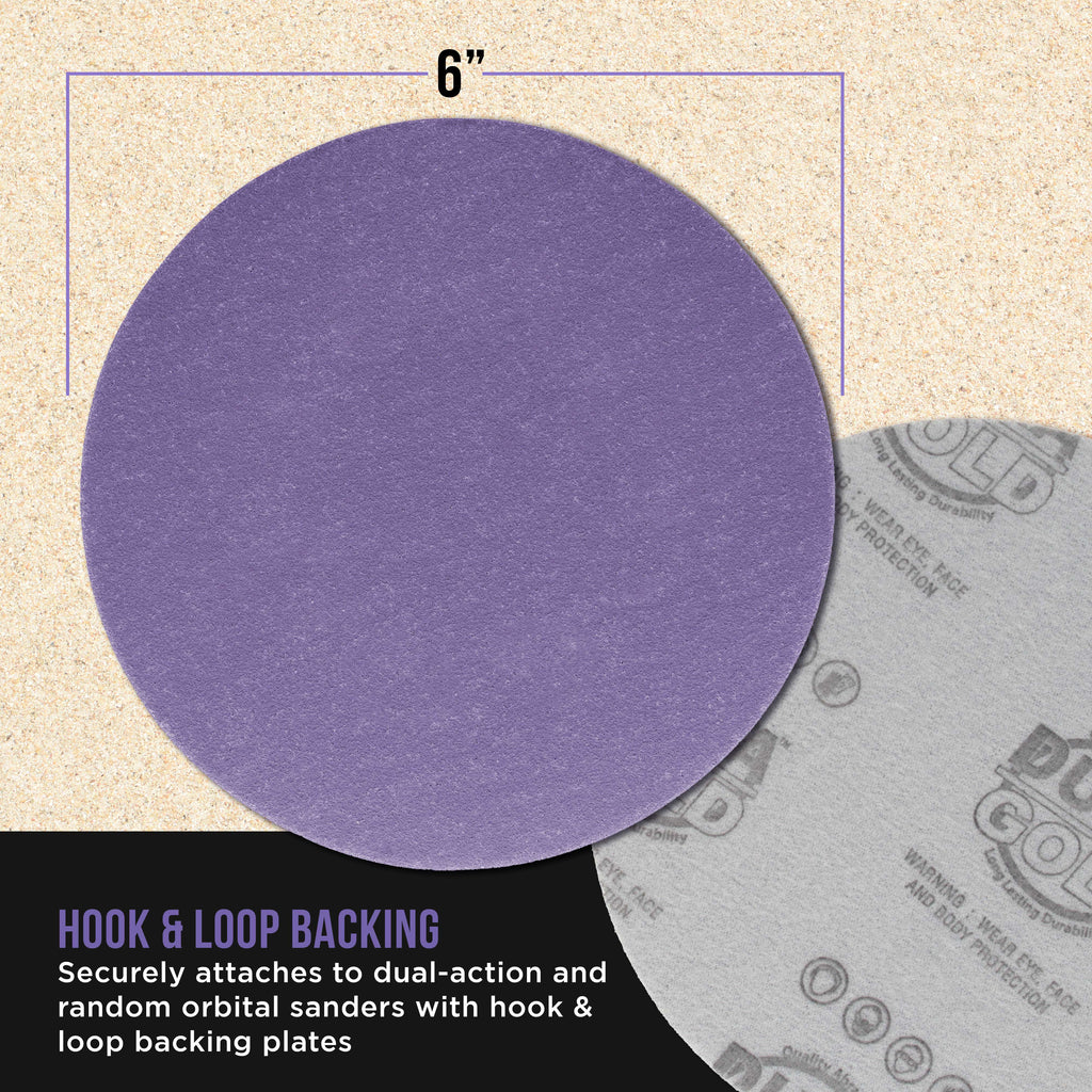 Premium 180 Grit 6" Purple Film Ceramic Sanding Discs, Box of 50 - Hook & Loop Backing Sandpaper for DA & Random Orbital Sanders