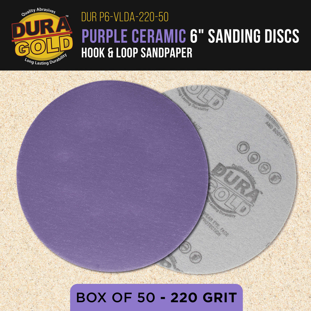Premium 220 Grit 6" Purple Film Ceramic Sanding Discs, Box of 50 - Hook & Loop Backing Sandpaper for DA & Random Orbital Sanders