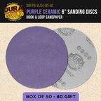 Premium 80 Grit 6" Purple Film Ceramic Sanding Discs, Box of 50 - Hook & Loop Backing Sandpaper for DA & Random Orbital Sanders