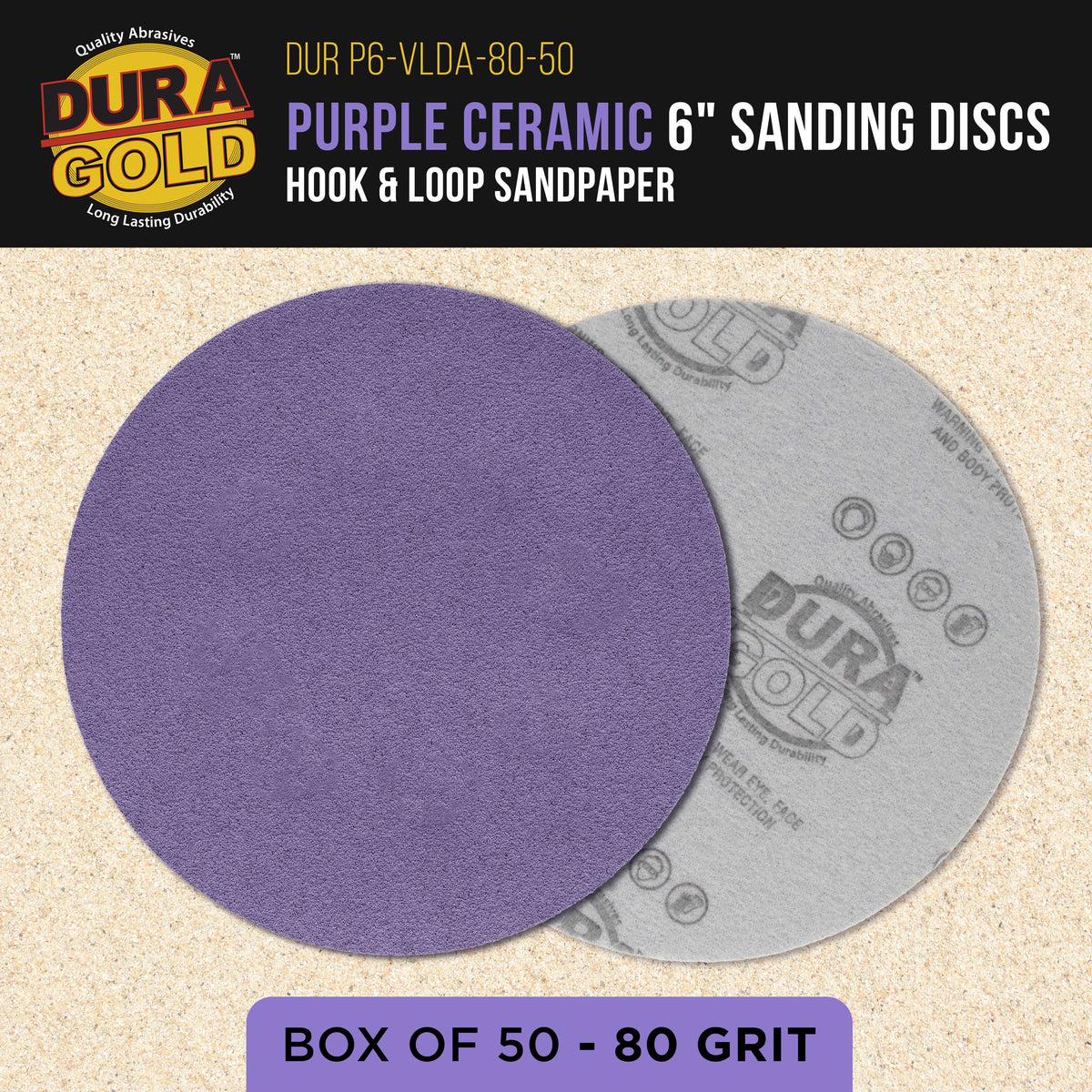 Premium 80 Grit 6" Purple Film Ceramic Sanding Discs, Box of 50 - Hook & Loop Backing Sandpaper for DA & Random Orbital Sanders