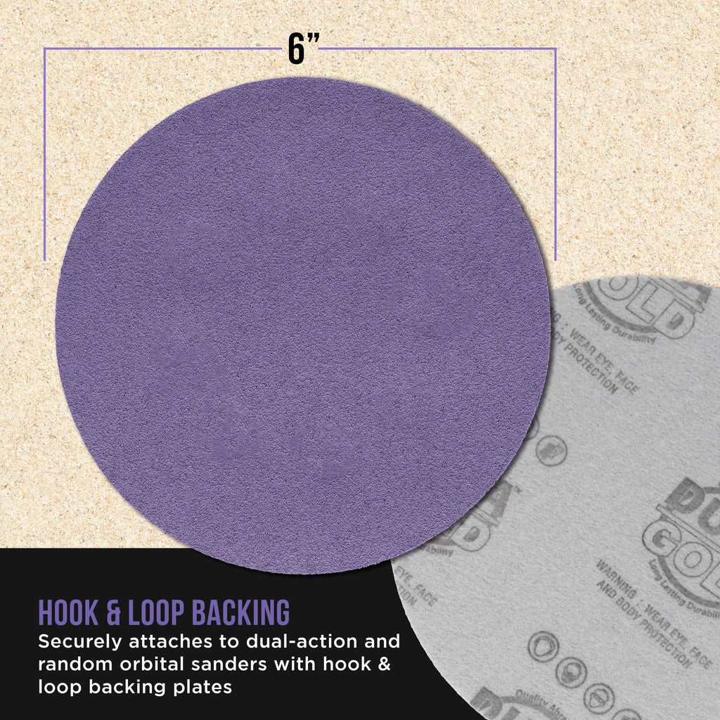 Premium 80 Grit 6" Purple Film Ceramic Sanding Discs, Box of 50 - Hook & Loop Backing Sandpaper for DA & Random Orbital Sanders