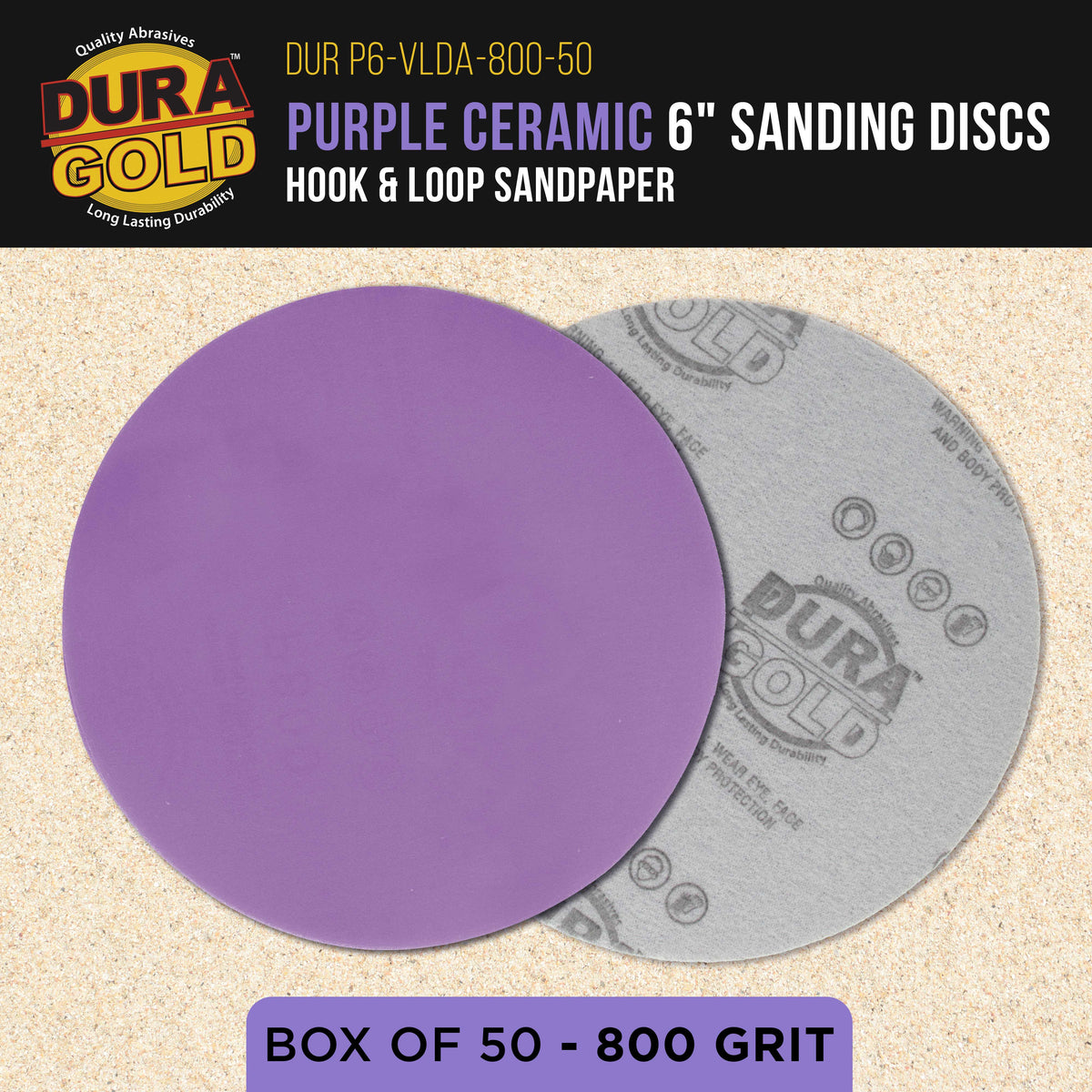 Premium 800 Grit 6" Purple Film Ceramic Sanding Discs, Box of 50 - Hook & Loop Backing Sandpaper for DA & Random Orbital Sanders