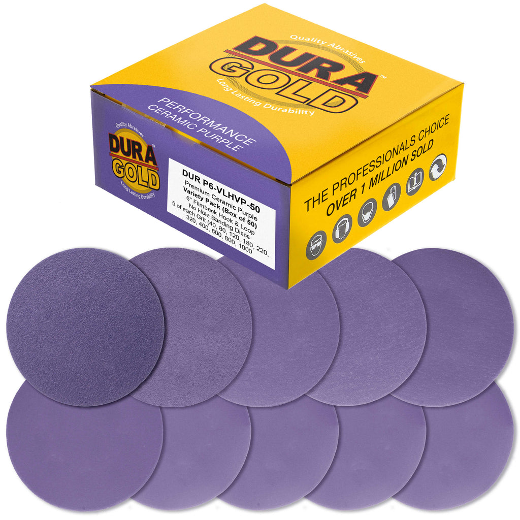 Premium 6" Purple Film Ceramic Sanding Discs, 50 Disc Variety Pack, Grits 60, 80, 120, 180, 220, 320, 400, 600, 800, 1000 - Hook & Loop Sandpaper, DA & Random Orbital Sander