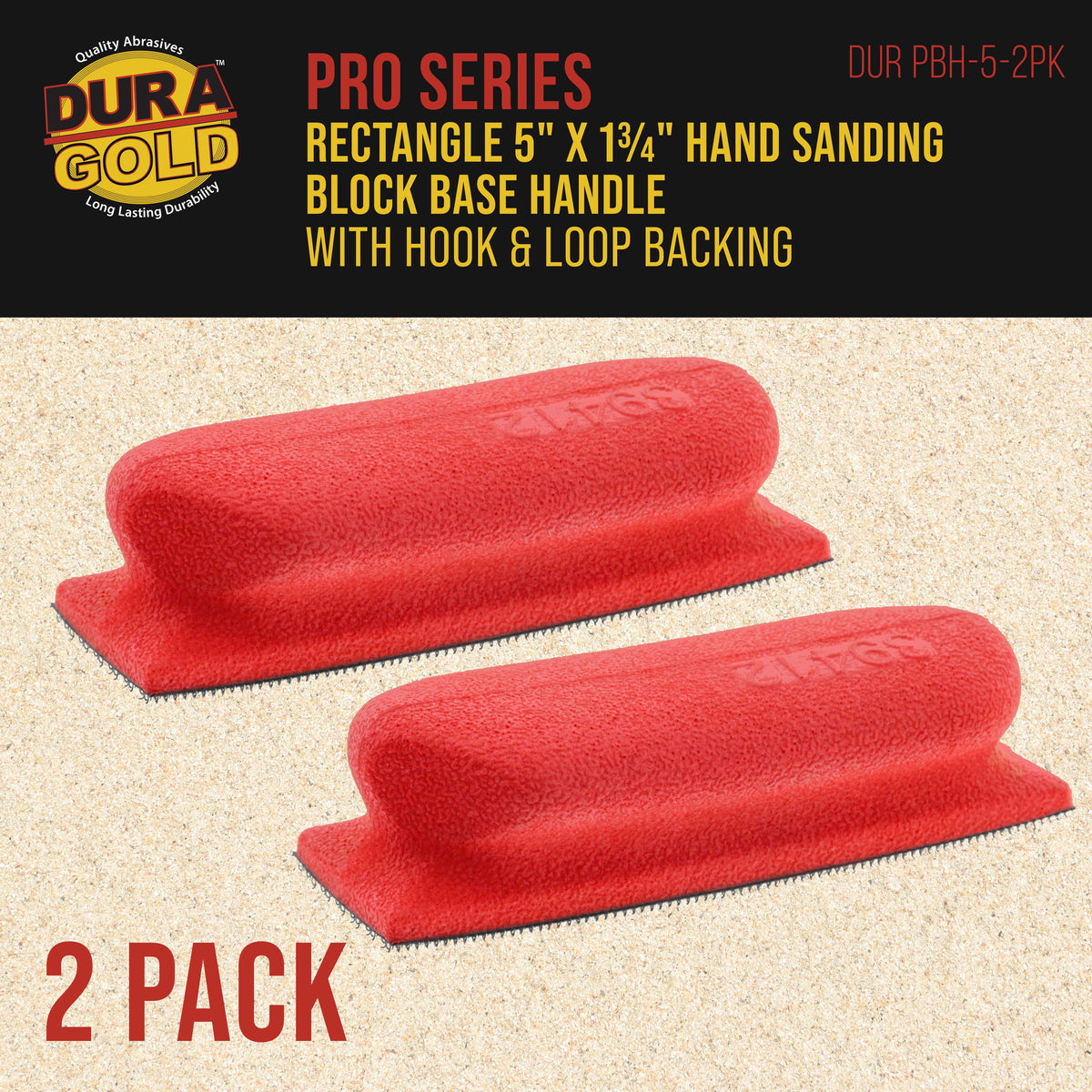Pro Series Rectangle 5" x 1-3/4" Hand Sanding Block Base Handle with Hook & Loop Backing, 2 Pack - Attach Pad to Contoured 5" Sanding Blocks