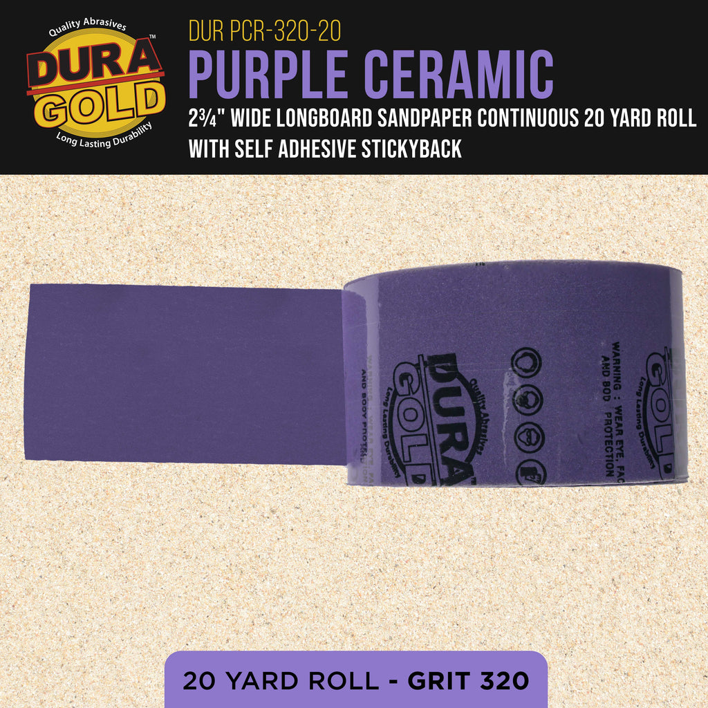 Premium 320 Grit PSA Purple Film Ceramic Longboard Sandpaper, 2-3/4" Wide Continuous 20 Yard Roll - Self Adhesive Stickyback for Auto & Wood Air File Long Board Sanders, Hand Sanding Blocks