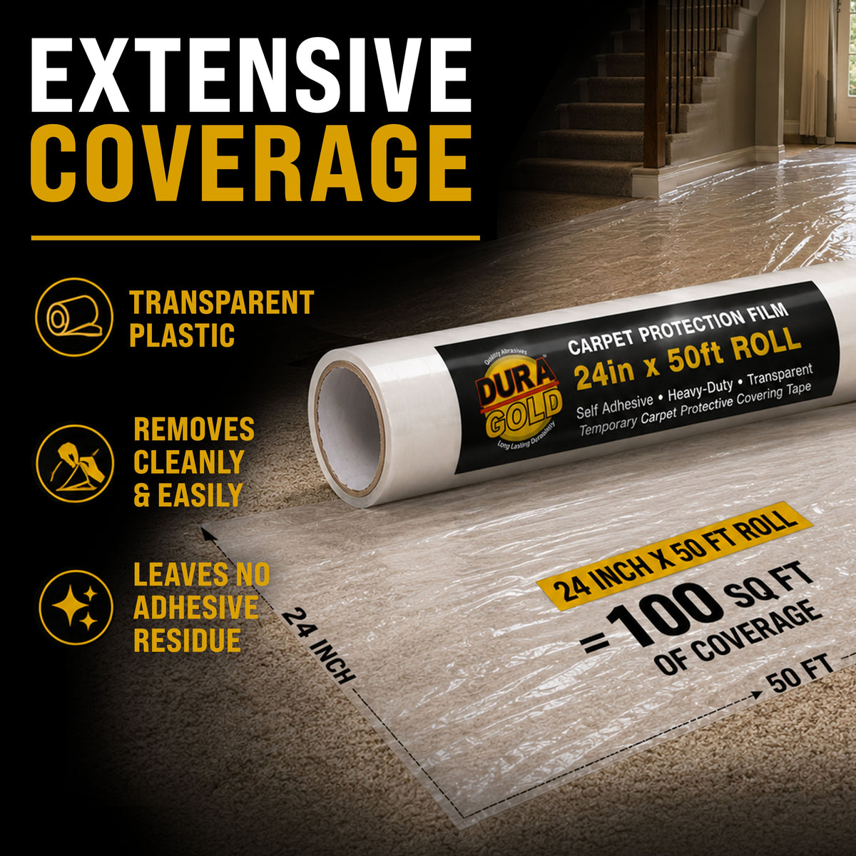 Carpet Protection Film, 24-inch x 50-foot Roll, Clear Plastic Carpet Protector, Self-Adhesive Plastic for Temporary Stair, Rug, and Floor Protection