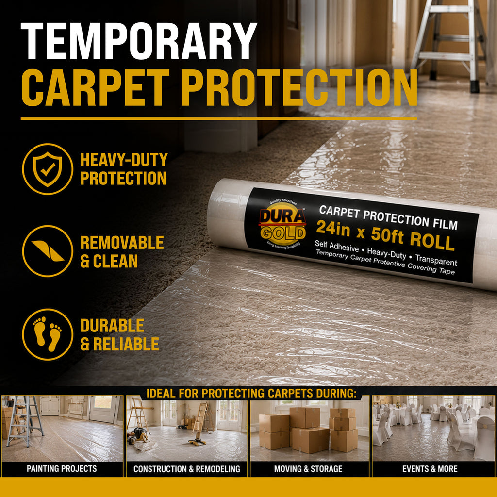 Carpet Protection Film, 24-inch x 50-foot Roll, Clear Plastic Carpet Protector, Self-Adhesive Plastic for Temporary Stair, Rug, and Floor Protection