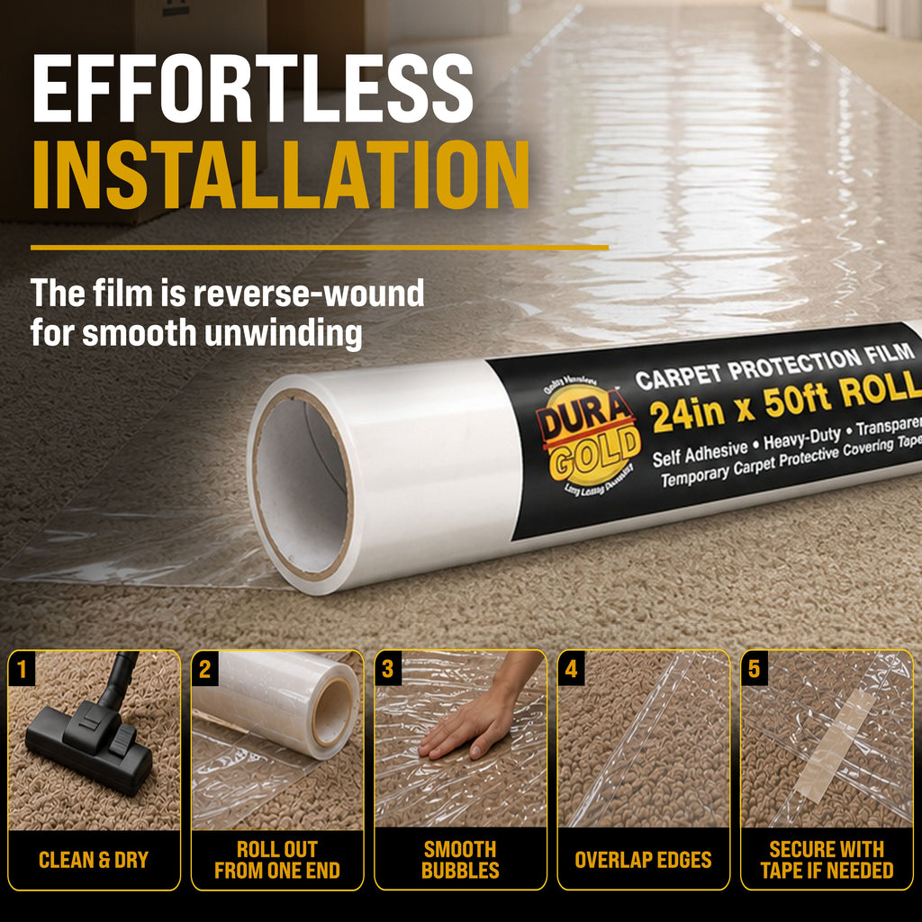 Carpet Protection Film, 24-inch x 50-foot Roll, Clear Plastic Carpet Protector, Self-Adhesive Plastic for Temporary Stair, Rug, and Floor Protection