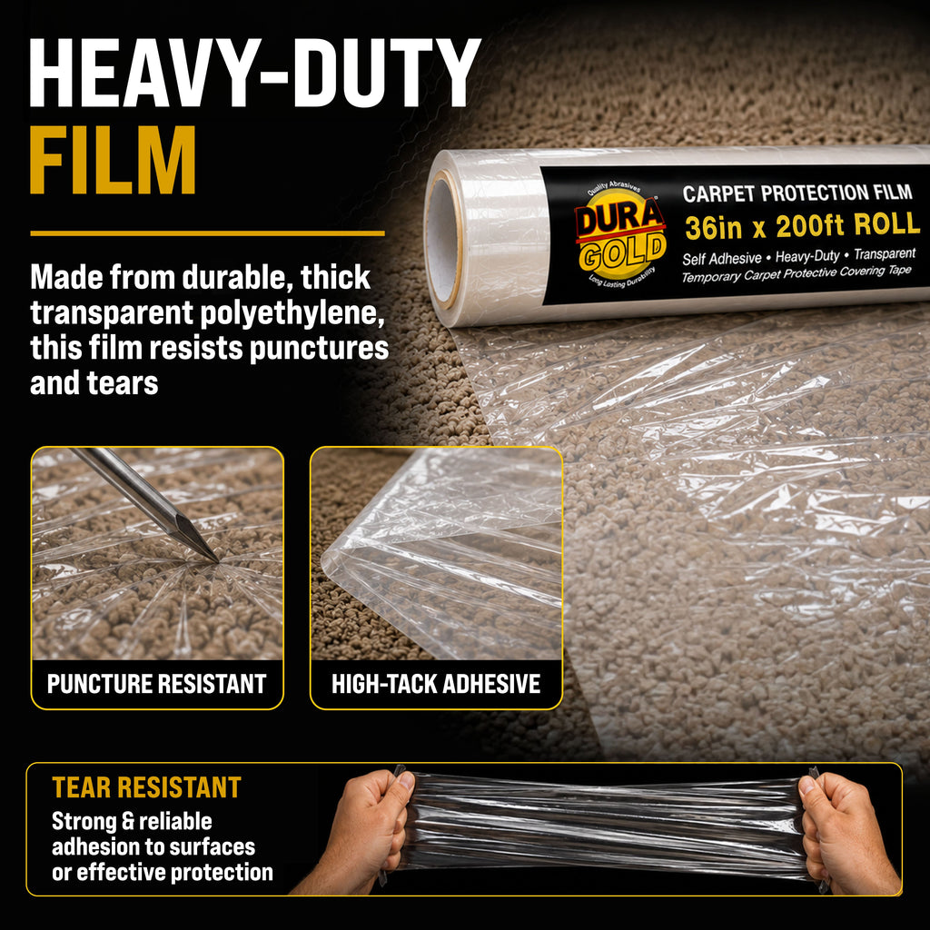 Carpet Protection Film, 36-inch x 200-foot Roll, Clear Plastic Carpet Protector, Self-Adhesive Plastic for Temporary Stair, Rug, and Floor Protection
