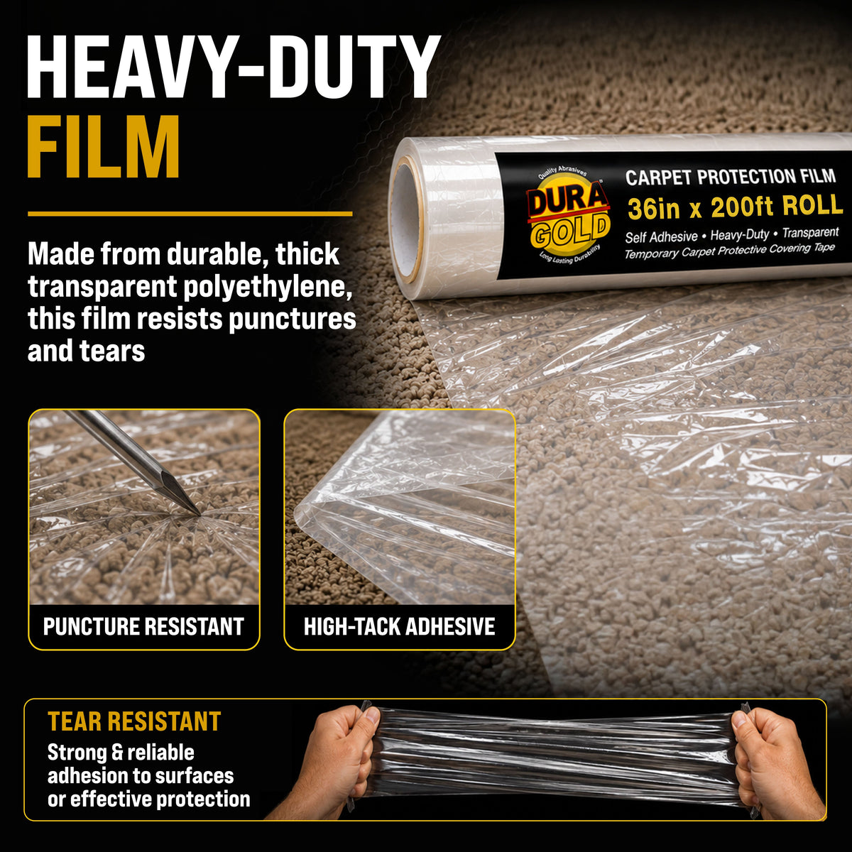 Carpet Protection Film, 36-inch x 200-foot Roll, Clear Plastic Carpet Protector, Self-Adhesive Plastic for Temporary Stair, Rug, and Floor Protection