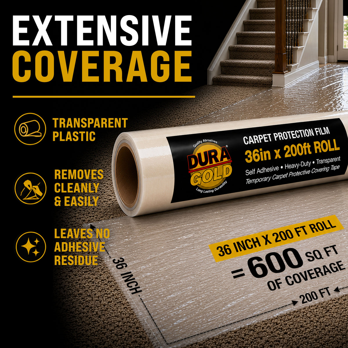 Carpet Protection Film, 36-inch x 200-foot Roll, Clear Plastic Carpet Protector, Self-Adhesive Plastic for Temporary Stair, Rug, and Floor Protection