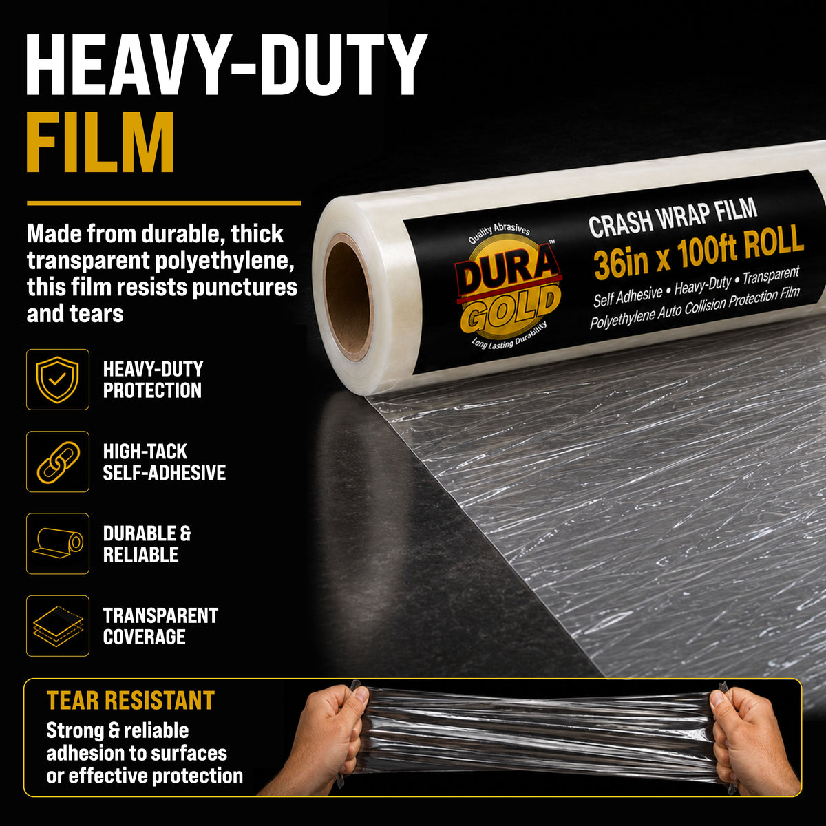 Crash Wrap Film, 36-inch x 100-foot Roll, Clear Plastic Protector, Self-Adhesive Plastic for Auto Collision, Weather, Dust Protection, Broken Windows Windshields