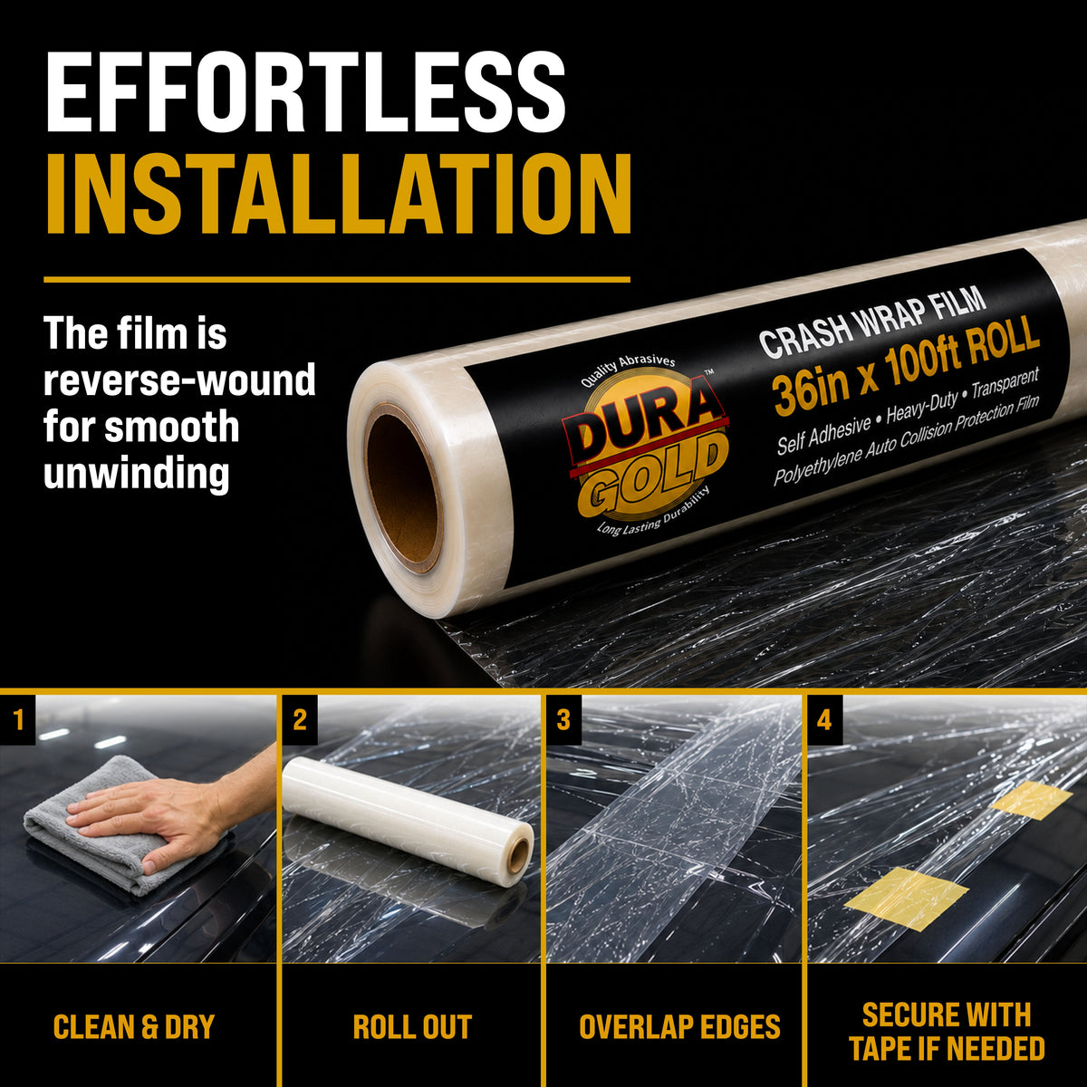 Crash Wrap Film, 36-inch x 100-foot Roll, Clear Plastic Protector, Self-Adhesive Plastic for Auto Collision, Weather, Dust Protection, Broken Windows Windshields