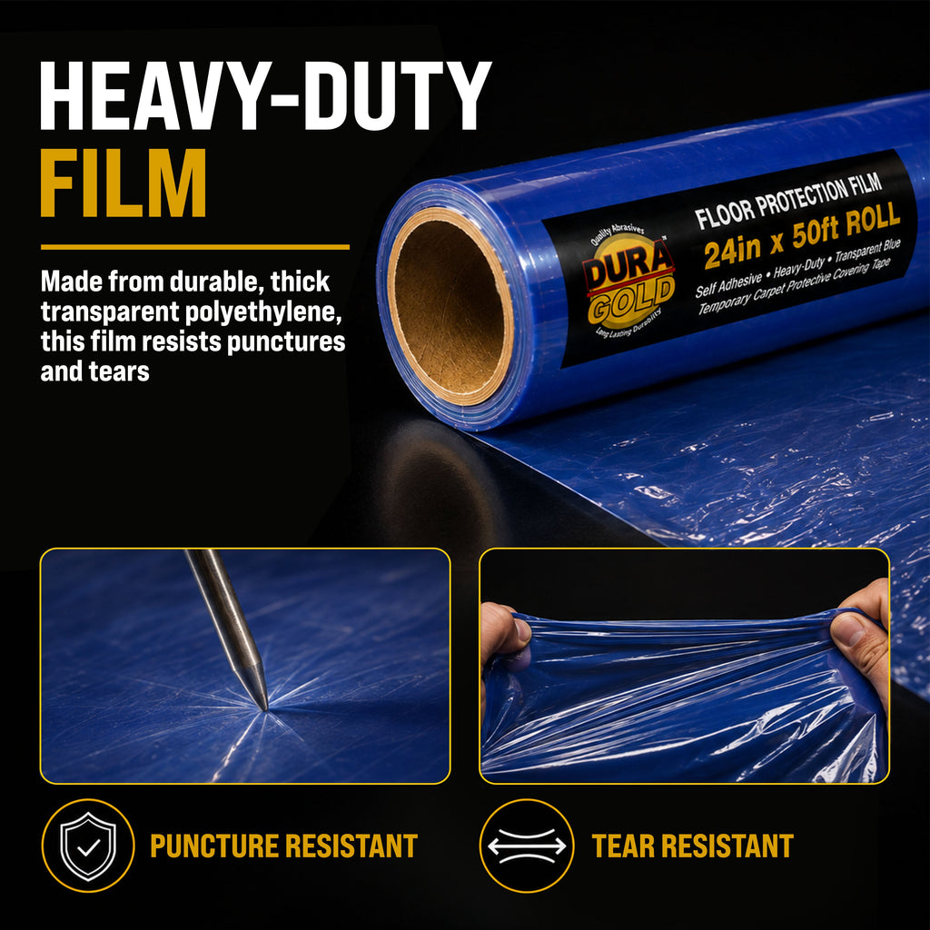 Floor Protection Film, 24-inch x 50-foot Roll, Clear Plastic Floor Protector, Self-Adhesive Plastic Floor Protection from Foot Traffic, Paint Spills, Dust, Construction, Moving