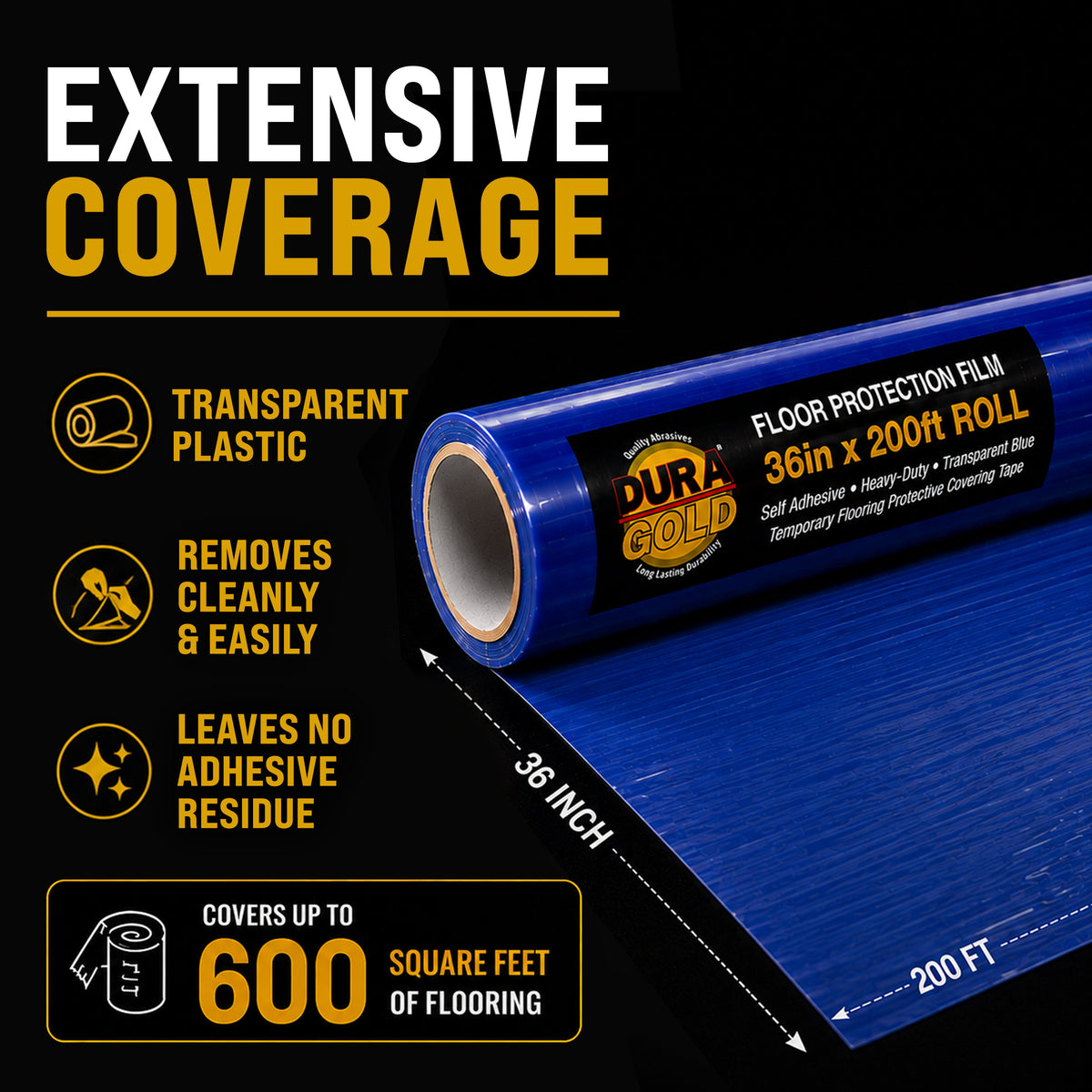 Floor Protection Film, 36-inch x 200-foot Roll, Clear Plastic Floor Protector, Self-Adhesive Plastic Floor Protection from Foot Traffic, Paint Spills, Dust, Construction, Moving