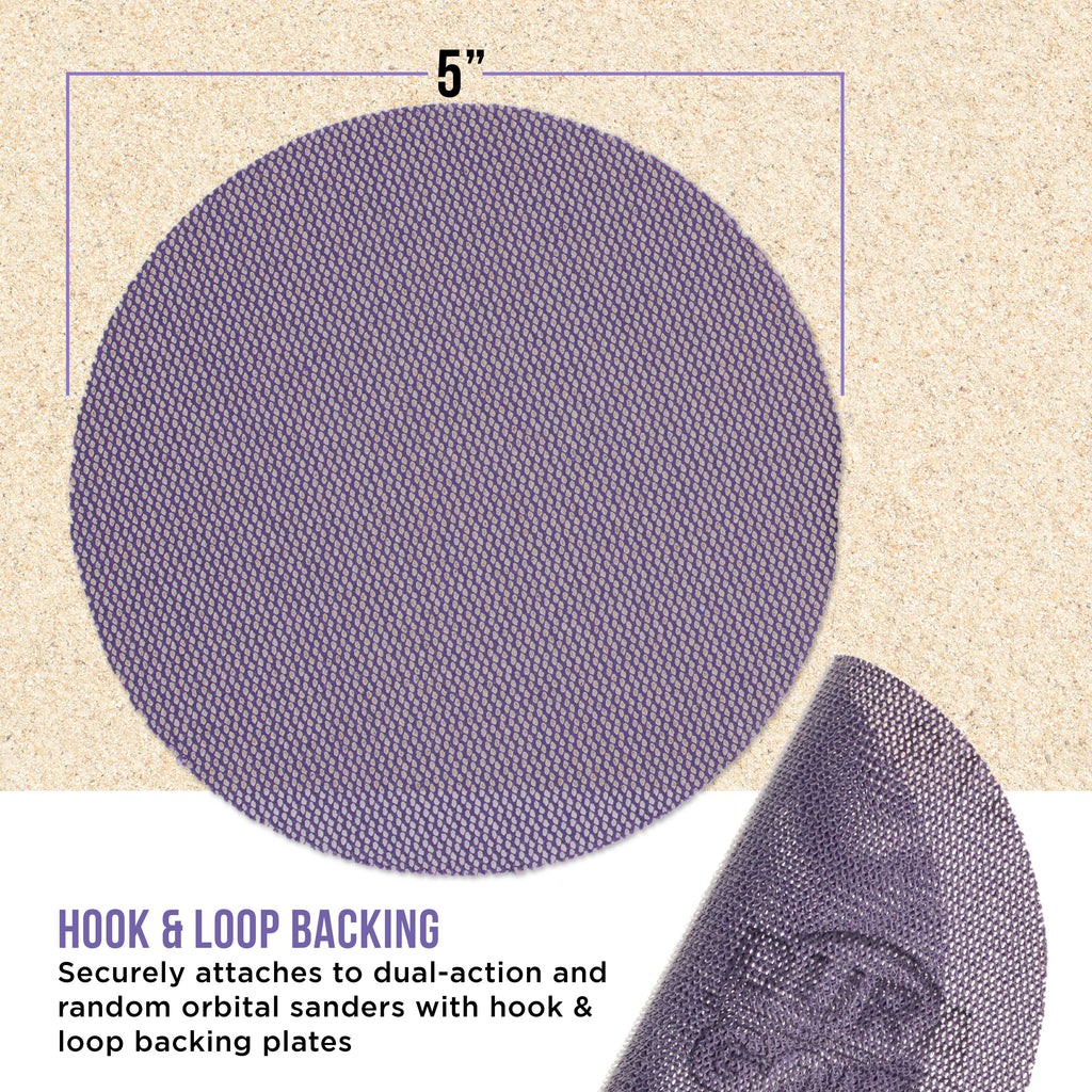 Premium 100 Grit 5" Purple Ceramic Mesh Sanding Discs, Box of 30 - Dustless Hook & Loop Backing Sandpaper for DA & Random Orbital Sanders - Long-Lasting Fast Cut