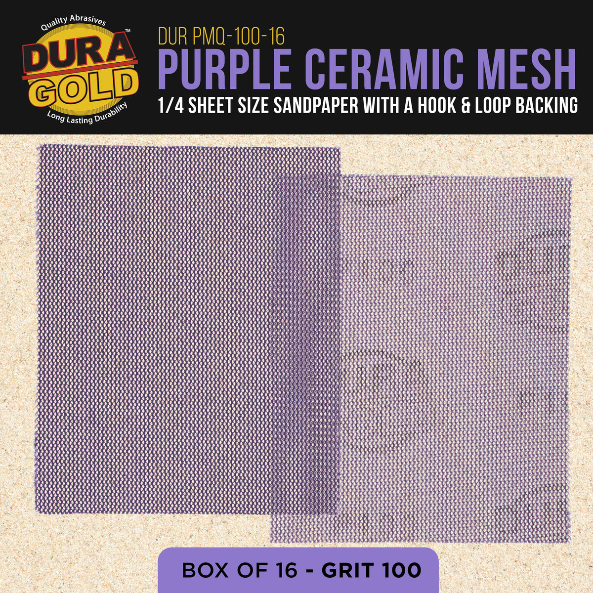 Premium 100 Grit 1/4 Sheet Size Purple Ceramic Mesh Sandpaper, Box of 16 - 4.5" x 5.5" Dustless Hook & Loop Backing, Palm Sanders, Sanding Blocks - Long-Lasting Fast Cut