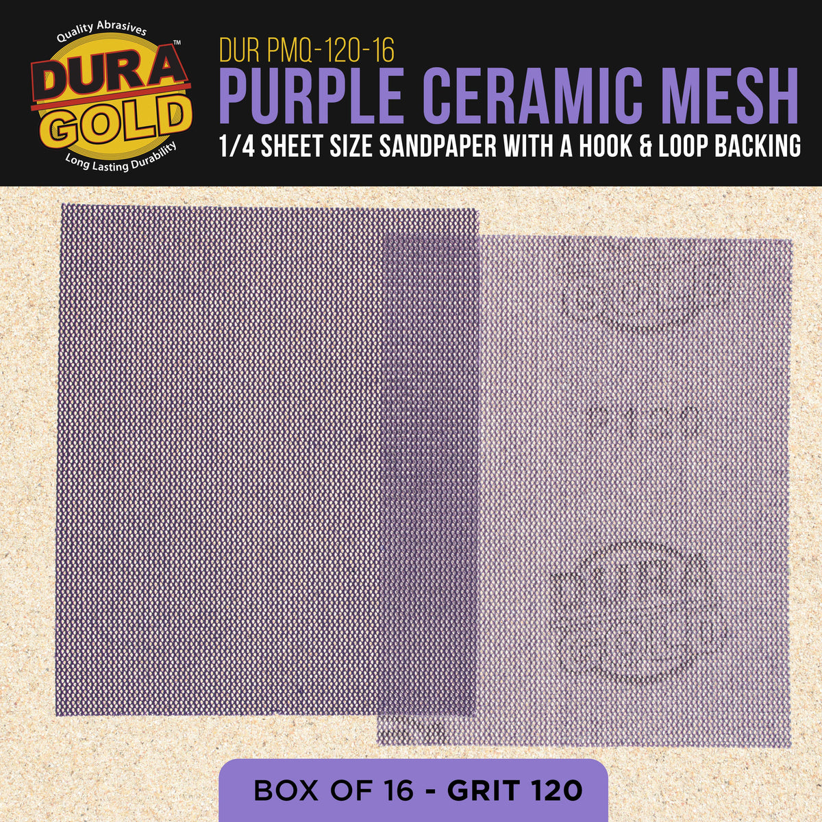 Premium 120 Grit 1/4 Sheet Size Purple Ceramic Mesh Sandpaper, Box of 16 - 4.5" x 5.5" Dustless Hook & Loop Backing, Palm Sanders, Sanding Blocks - Long-Lasting Fast Cut