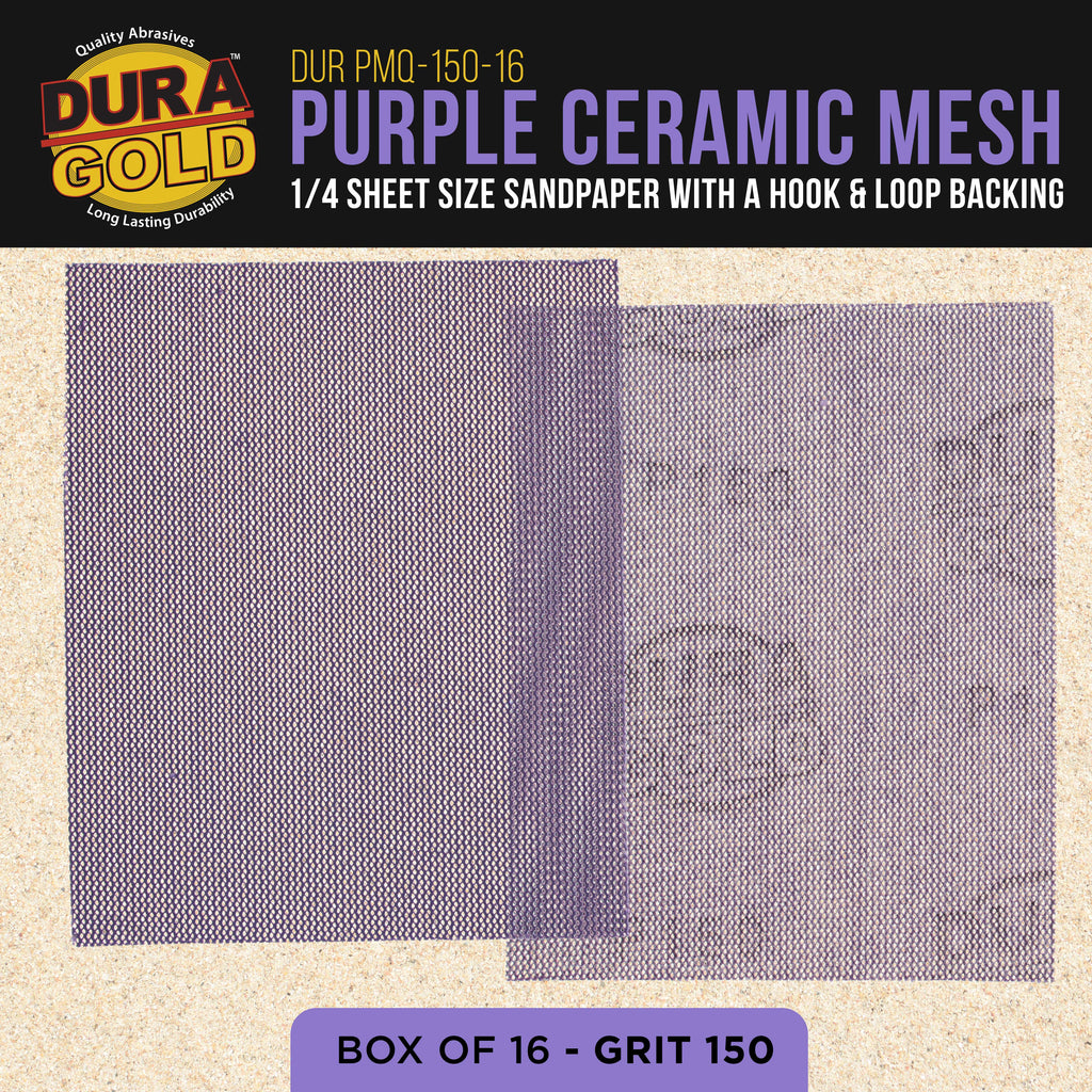 Premium 150 Grit 1/4 Sheet Size Purple Ceramic Mesh Sandpaper, Box of 16 - 4.5" x 5.5" Dustless Hook & Loop Backing, Palm Sanders, Sanding Blocks - Long-Lasting Fast Cut
