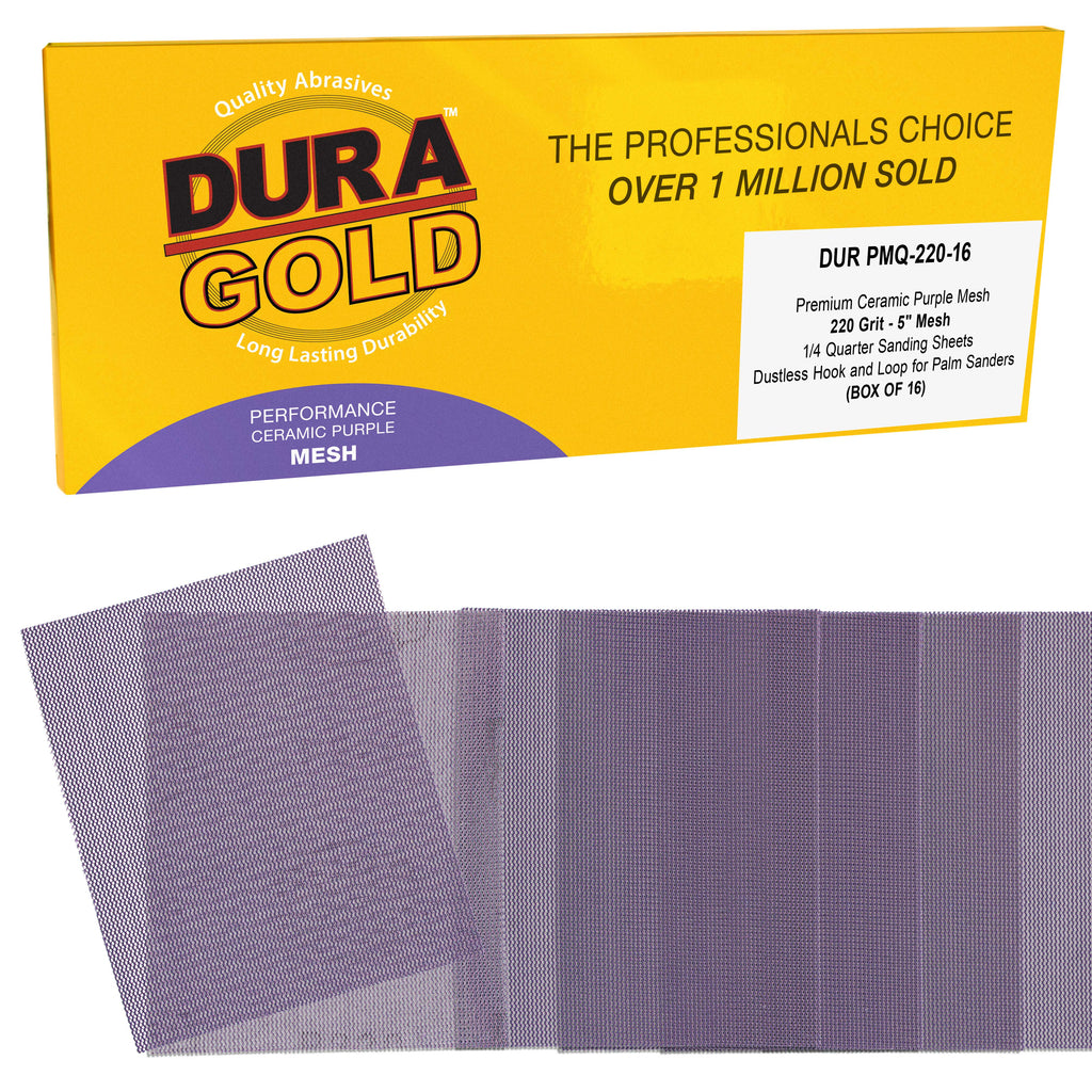 Premium 220 Grit 1/4 Sheet Size Purple Ceramic Mesh Sandpaper, Box of 16 - 4.5" x 5.5" Dustless Hook & Loop Backing, Palm Sanders, Sanding Blocks - Long-Lasting Fast Cut