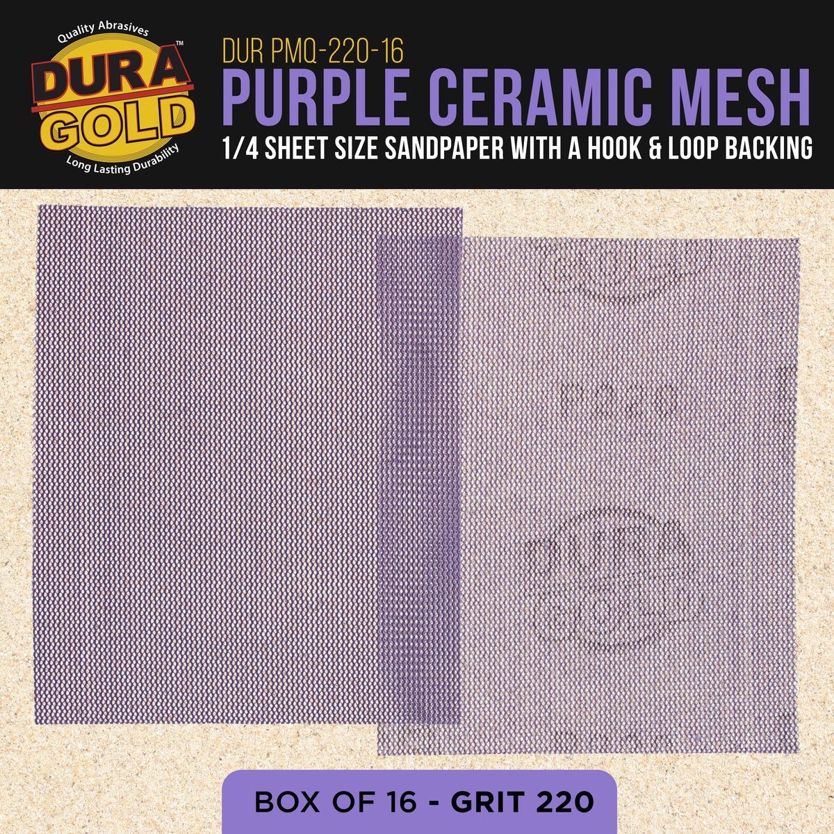 Premium 220 Grit 1/4 Sheet Size Purple Ceramic Mesh Sandpaper, Box of 16 - 4.5" x 5.5" Dustless Hook & Loop Backing, Palm Sanders, Sanding Blocks - Long-Lasting Fast Cut