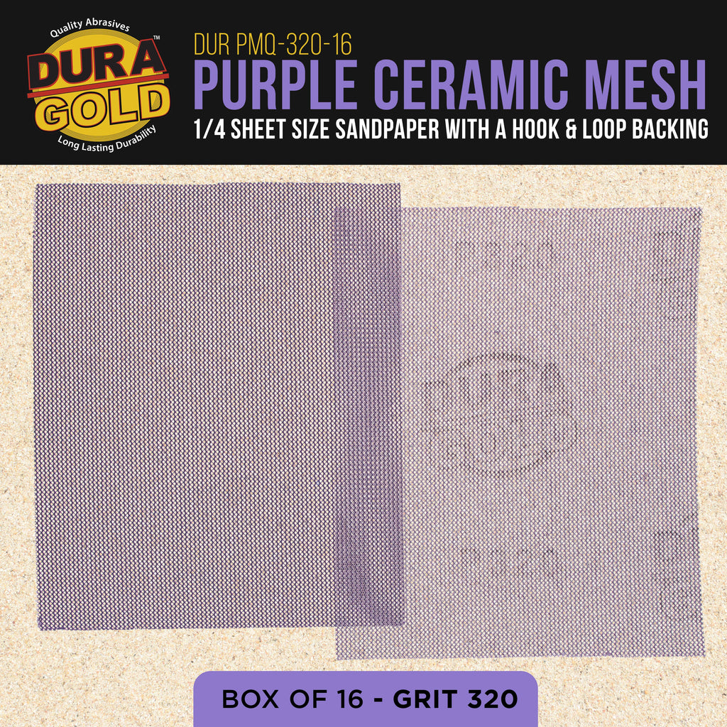 Premium 320 Grit 1/4 Sheet Size Purple Ceramic Mesh Sandpaper, Box of 16 - 4.5" x 5.5" Dustless Hook & Loop Backing, Palm Sanders, Sanding Blocks - Long-Lasting Fast Cut