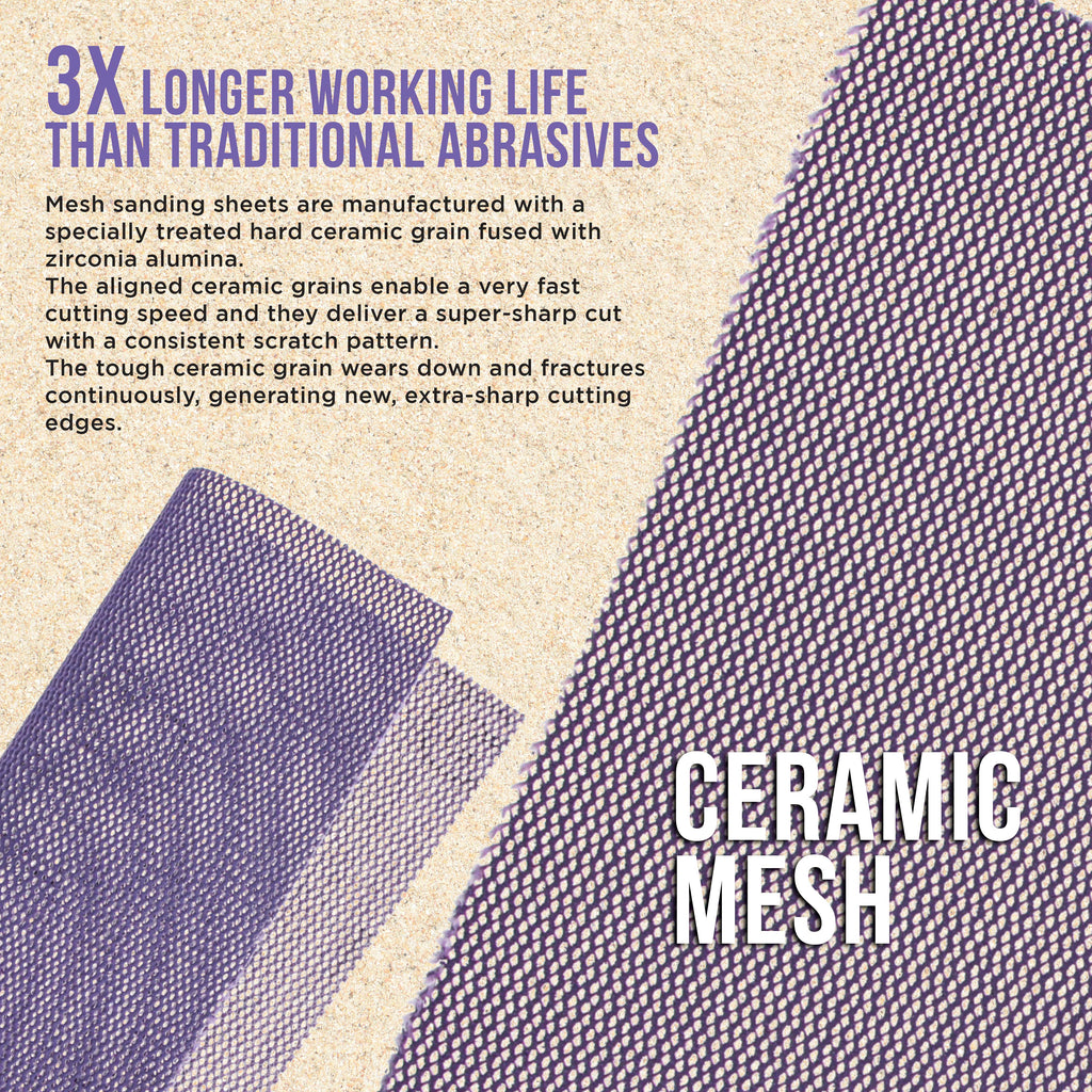 Premium 320 Grit 1/4 Sheet Size Purple Ceramic Mesh Sandpaper, Box of 16 - 4.5" x 5.5" Dustless Hook & Loop Backing, Palm Sanders, Sanding Blocks - Long-Lasting Fast Cut