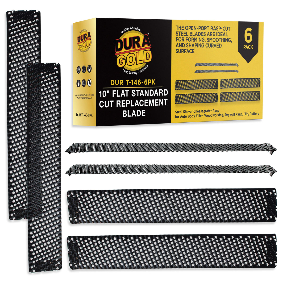 10-Inch Flat Standard Cut Replacement Blade, Pack of 6 - Steel Shaver Cheesegrater Rasp for Auto Body Filler, Car Dent Repairs
